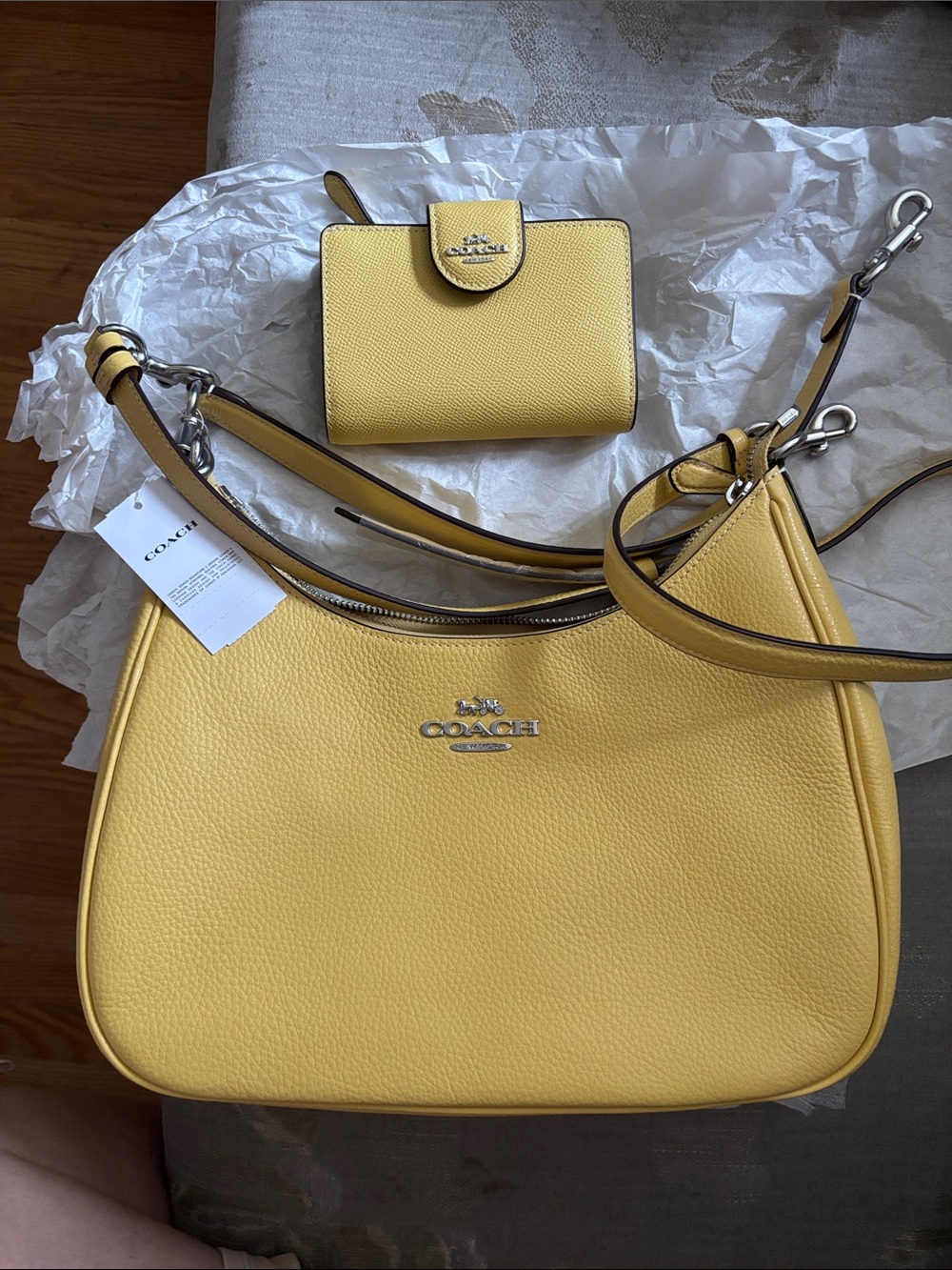 COACH Yellow Pebbled Leather Shoulder Bag with Matching Wallet
